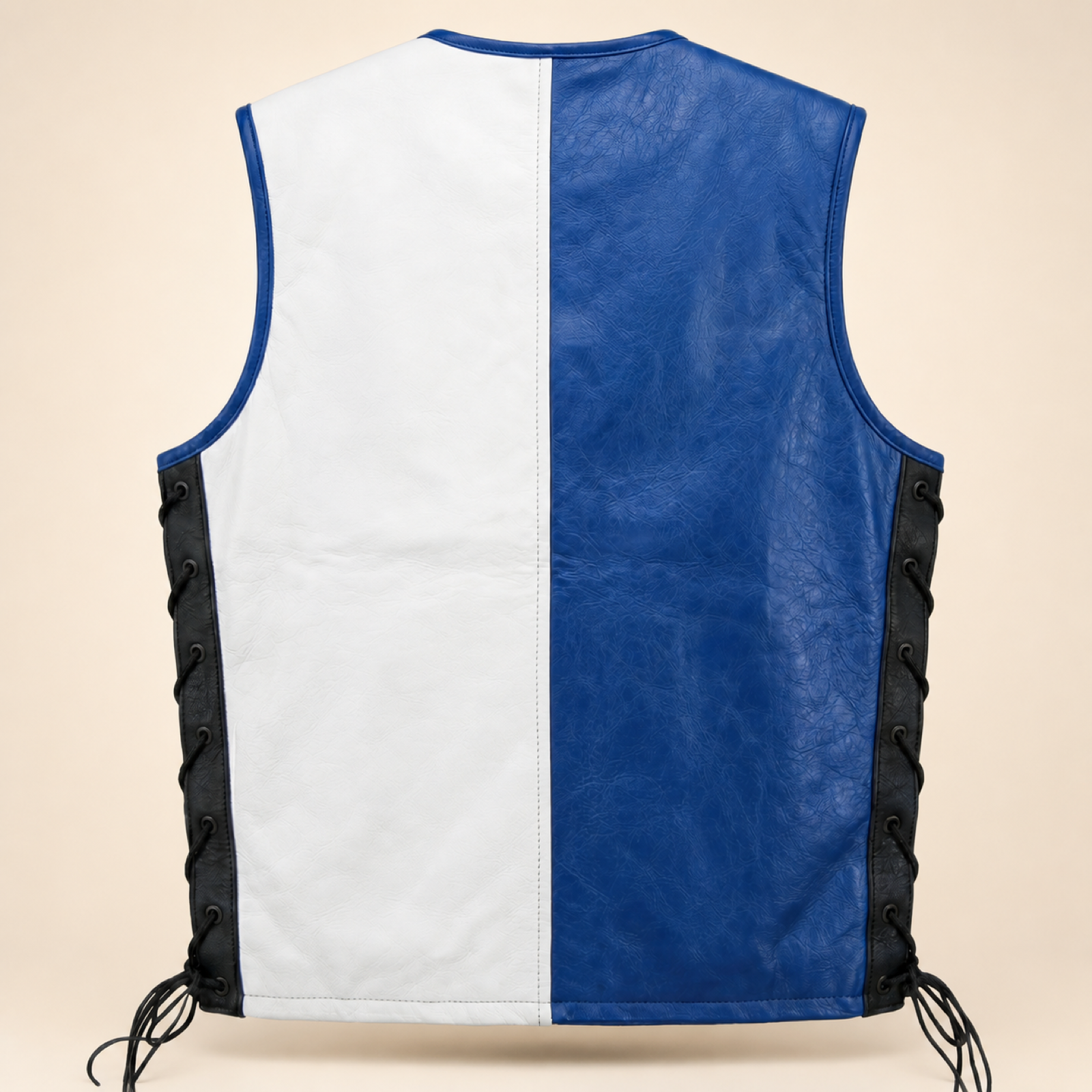 Men's Blue & White Lace-Side Cowhide Leather Motorcycle Vest image 4