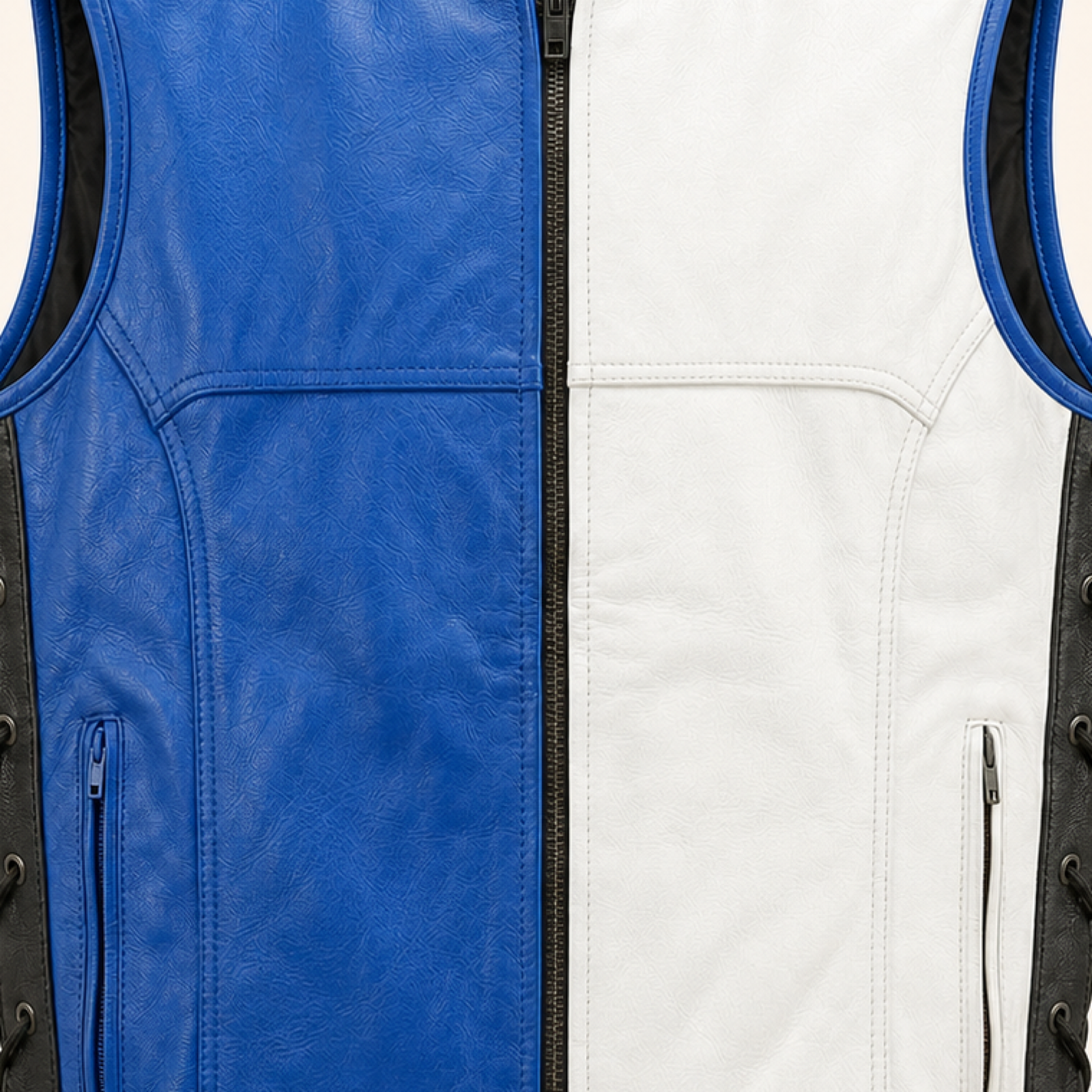 Men's Blue & White Lace-Side Cowhide Leather Motorcycle Vest image 5