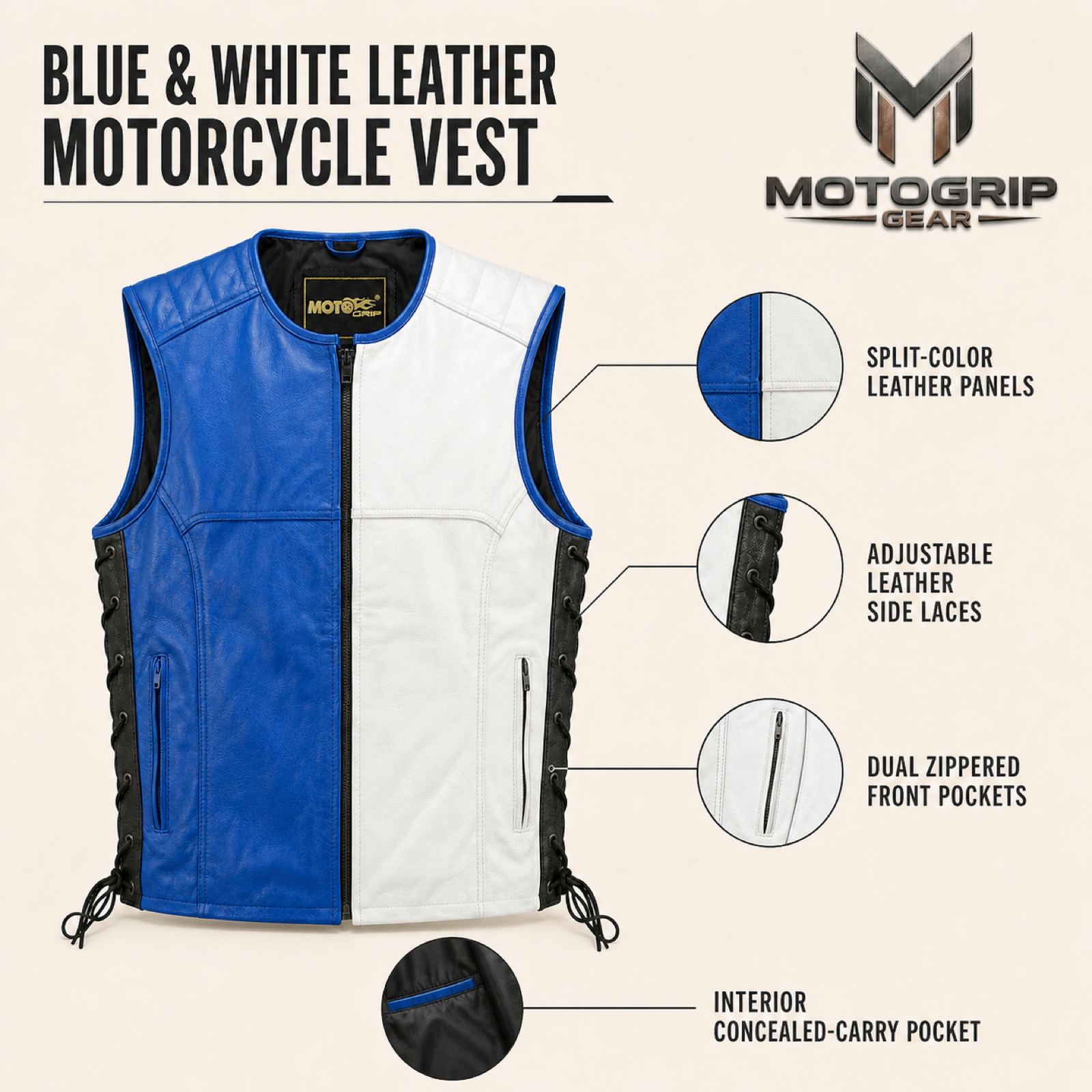Men's Blue & White Lace-Side Cowhide Leather Motorcycle Vest image 6