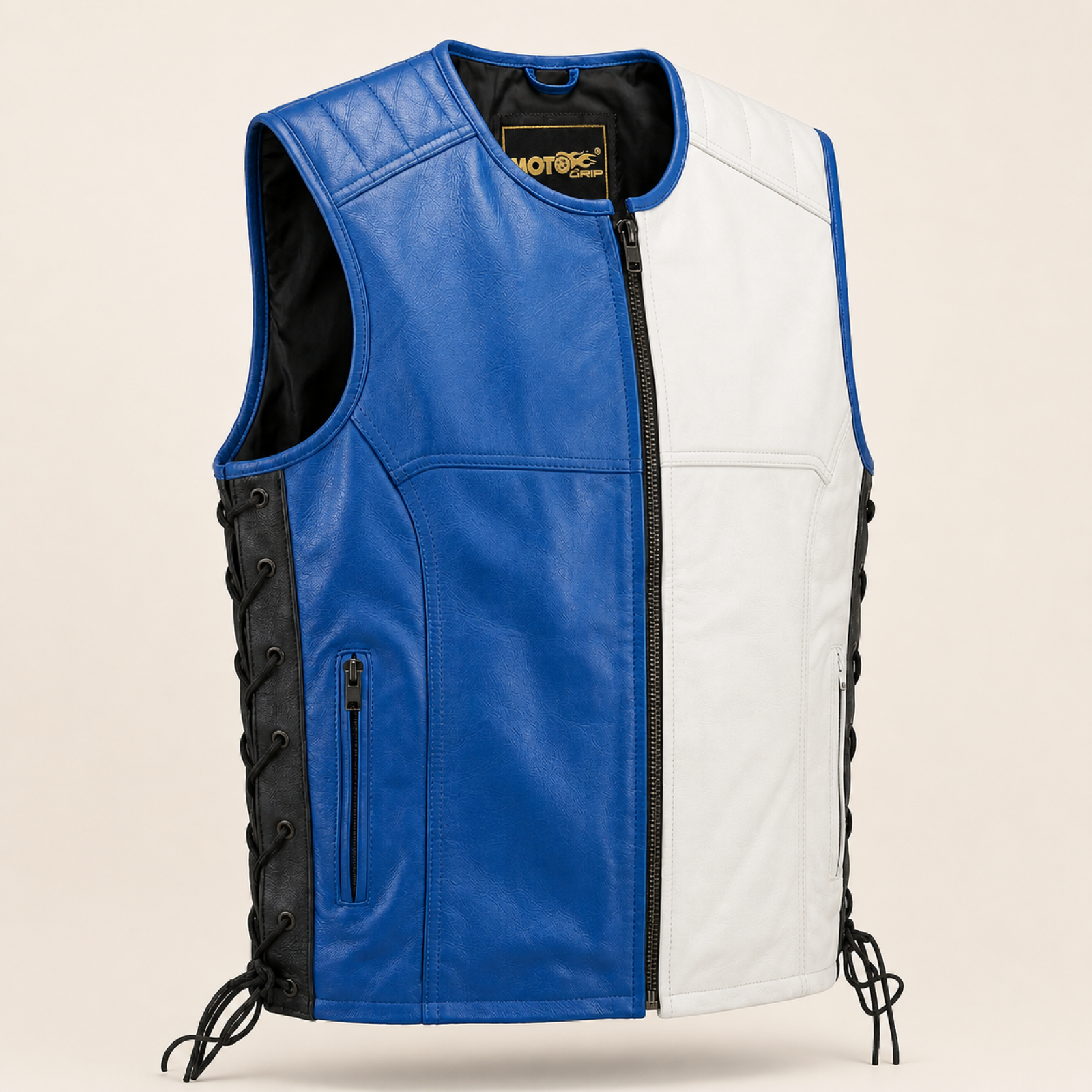 Men's Blue & White Lace-Side Cowhide Leather Motorcycle Vest image 7