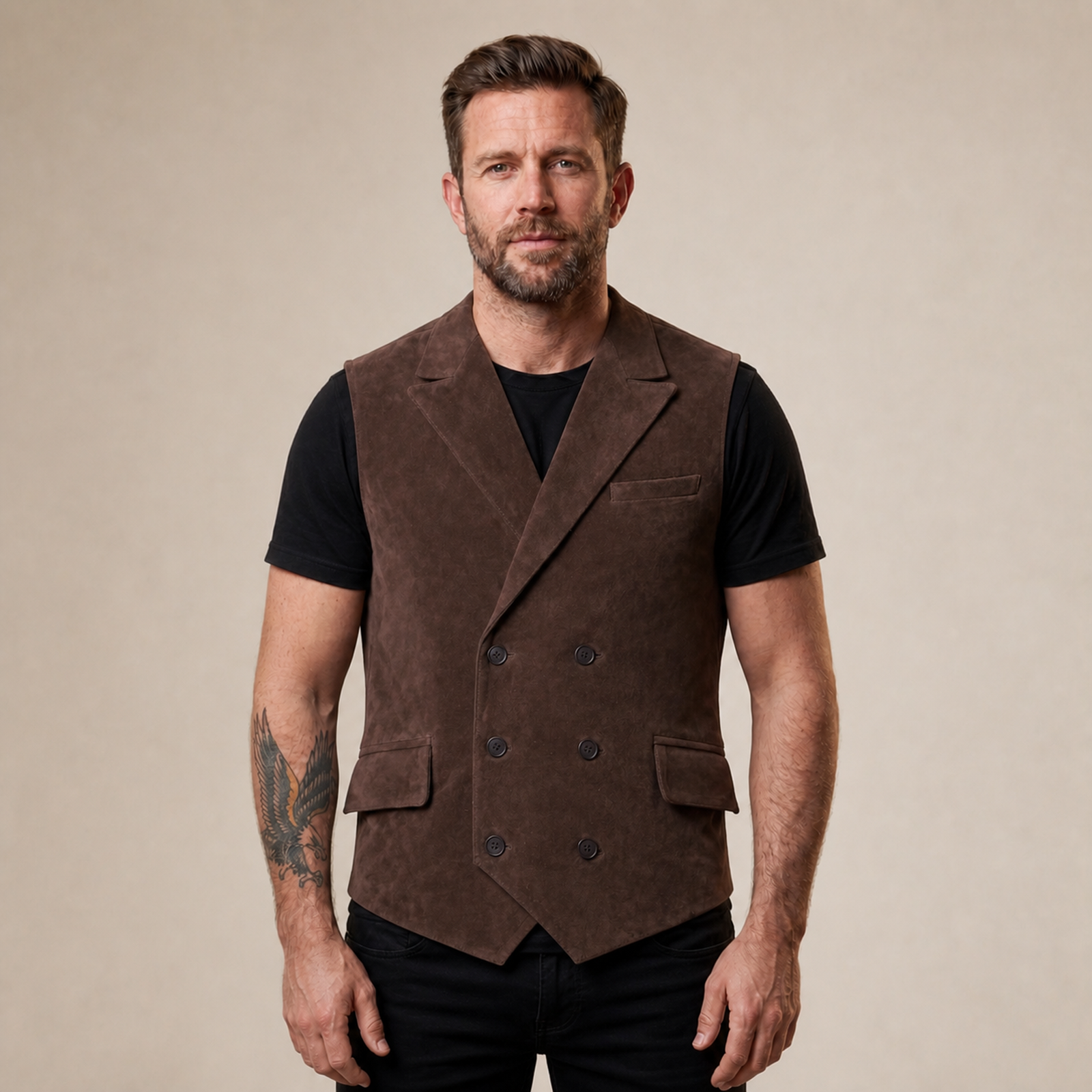 Man wearing a brown suede leather western cowboy waistcoat vest from the front.