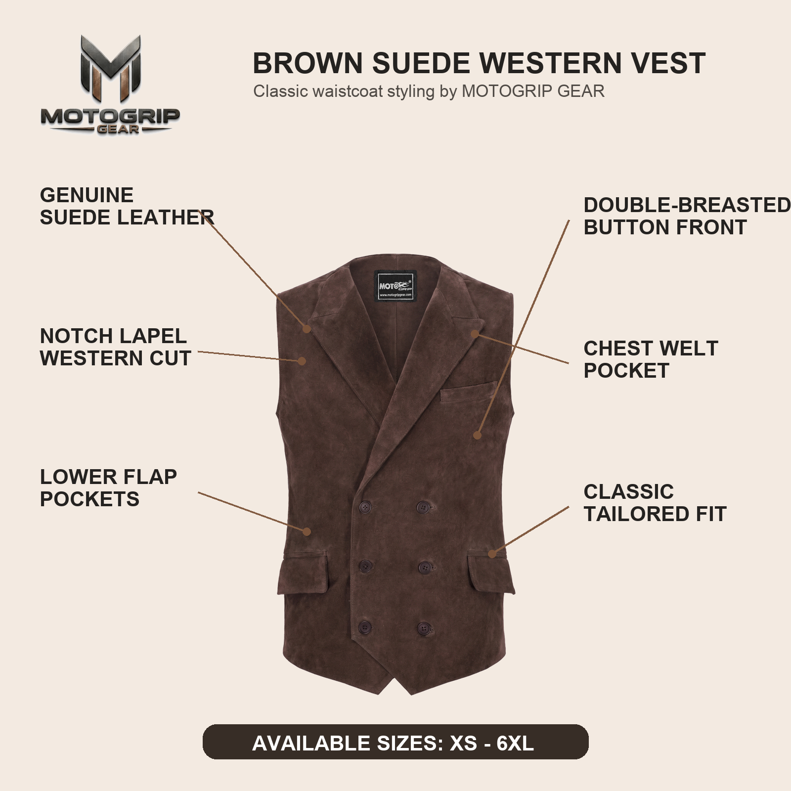 Men's Brown Suede Leather Western Cowboy Waistcoat Vest image 6