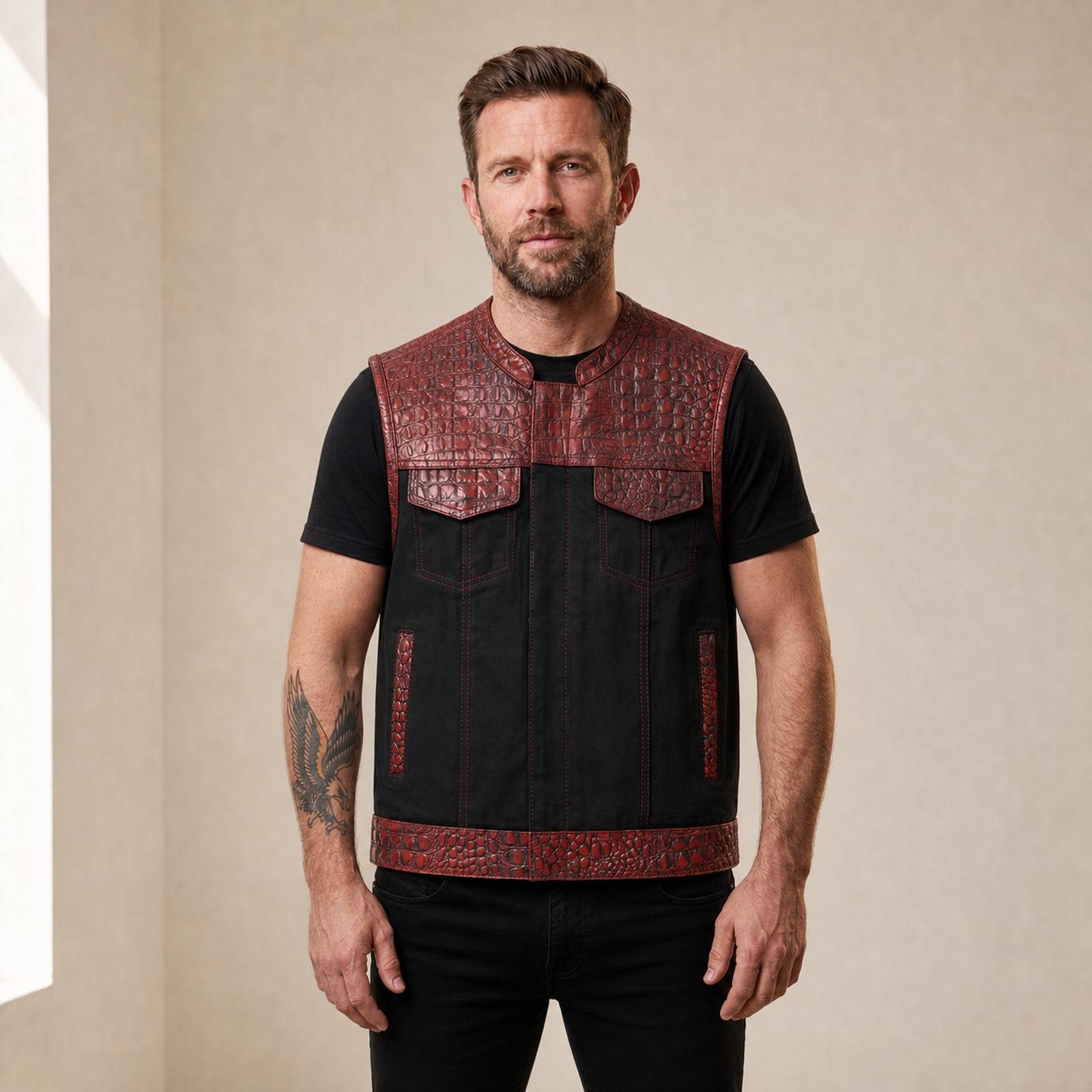 Man wearing a red crocodile-embossed leather and black denim motorcycle vest from the front.