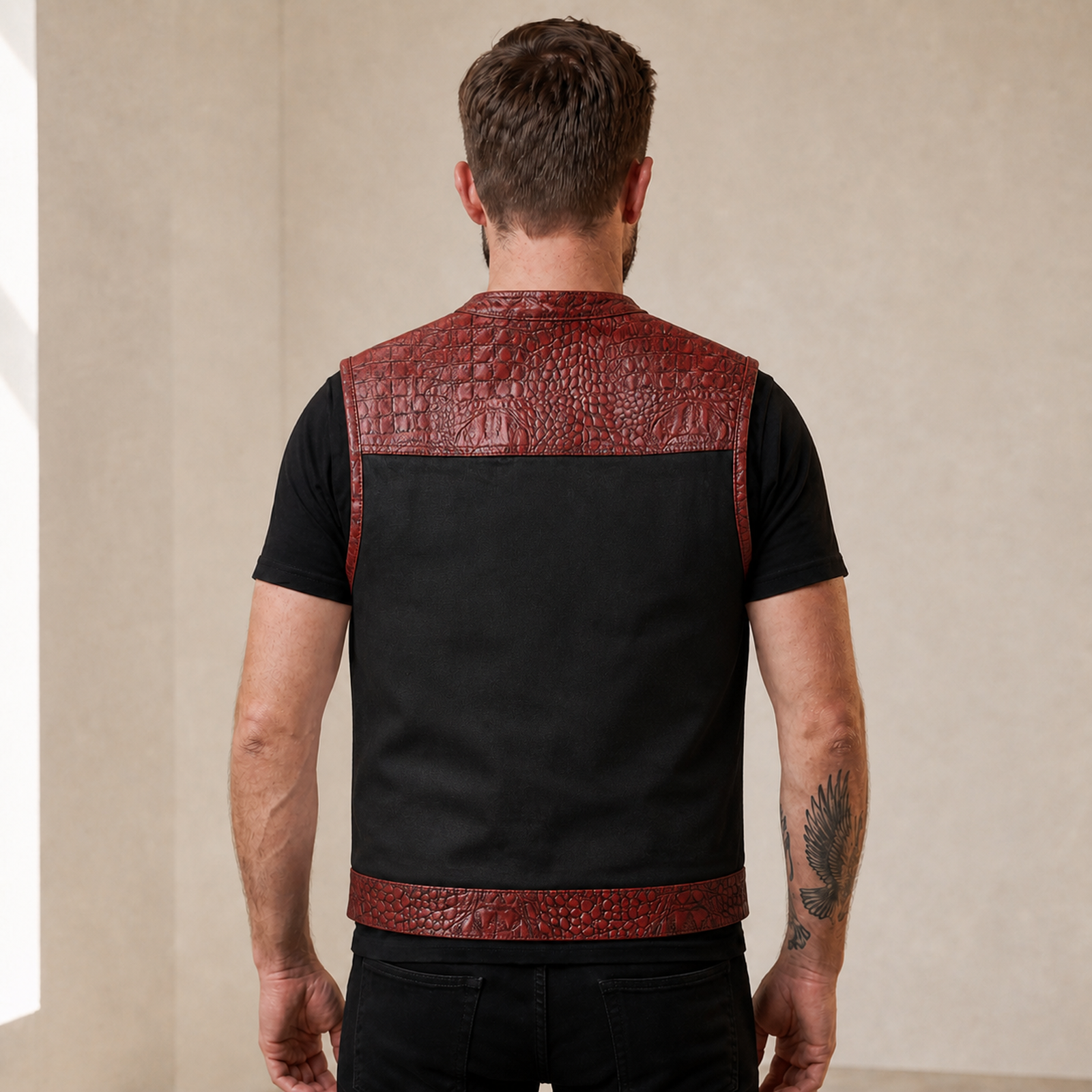 Men's Crocodile-Embossed Leather & Denim Motorcycle Vest image 2