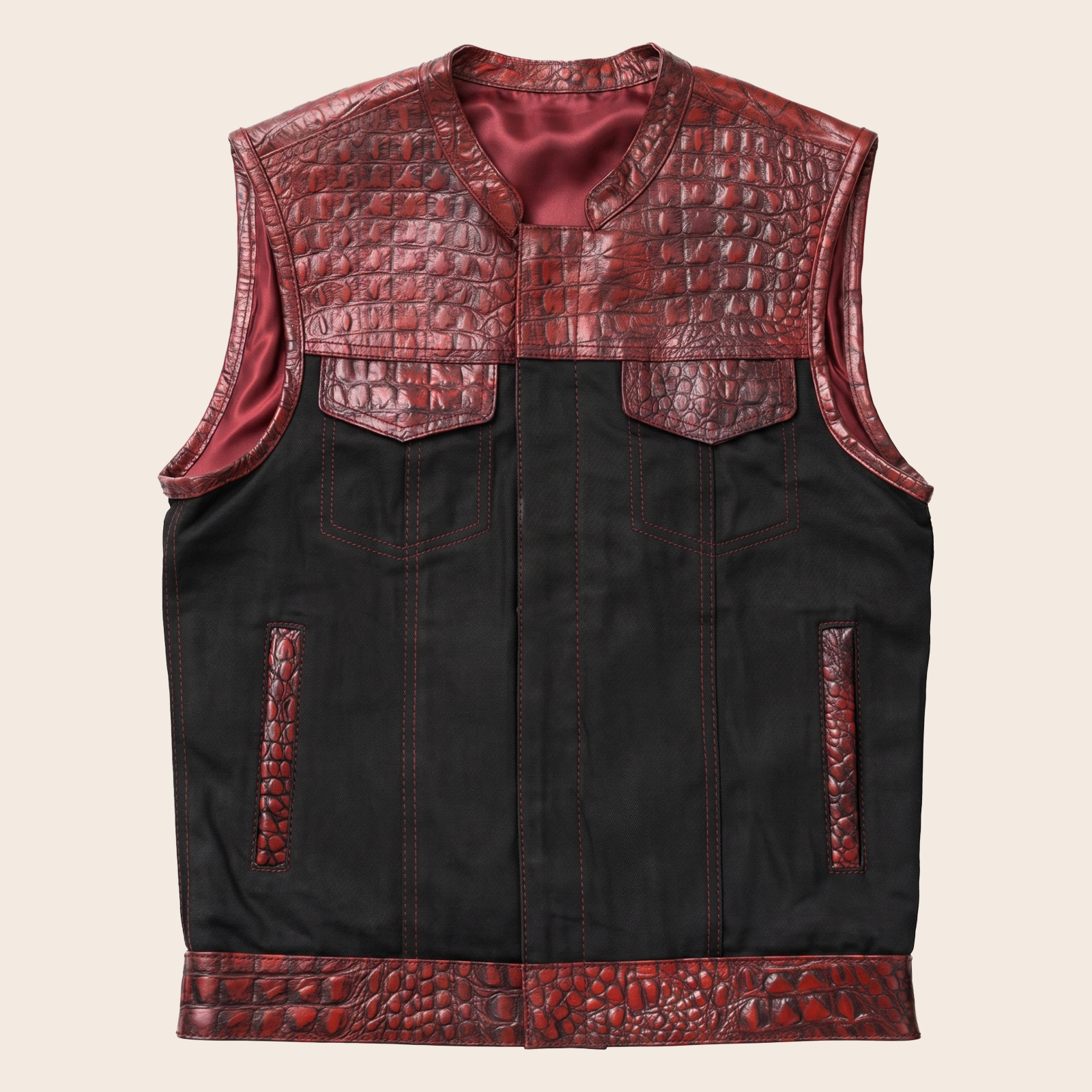 Men's Crocodile-Embossed Leather & Denim Motorcycle Vest image 3