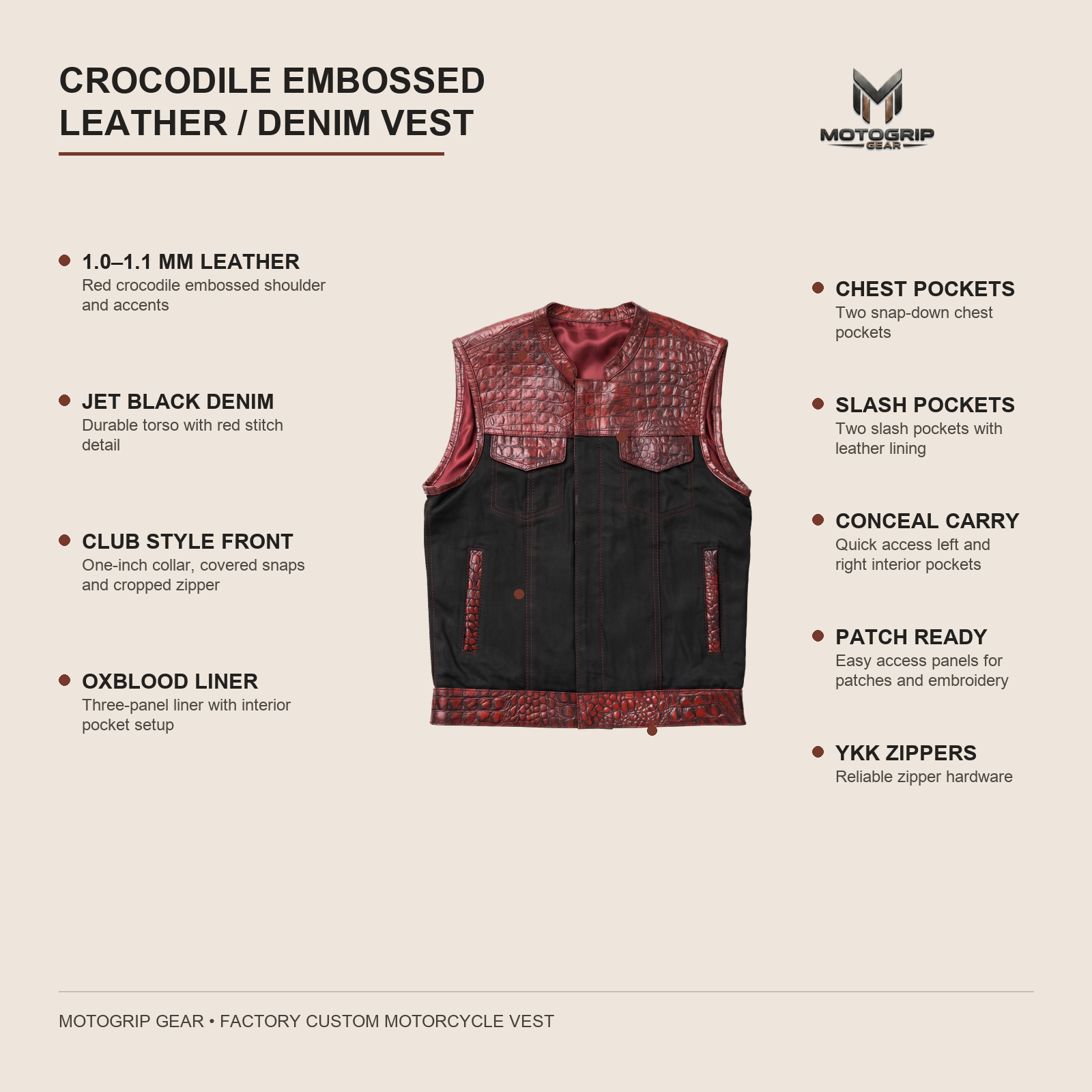 Men's Crocodile-Embossed Leather & Denim Motorcycle Vest image 7