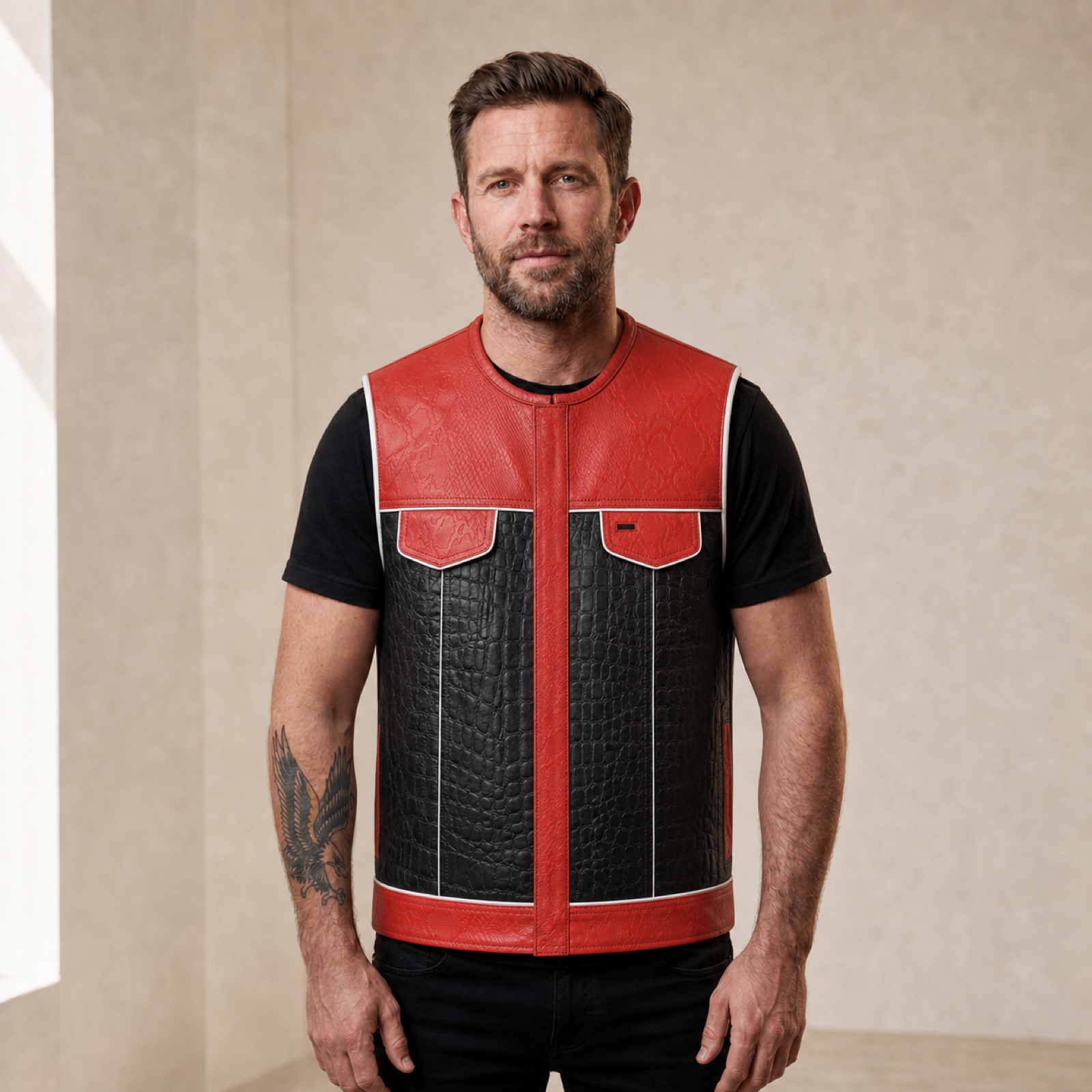 Man wearing a red and black crocodile- and snake-style embossed cowhide biker vest from the front.