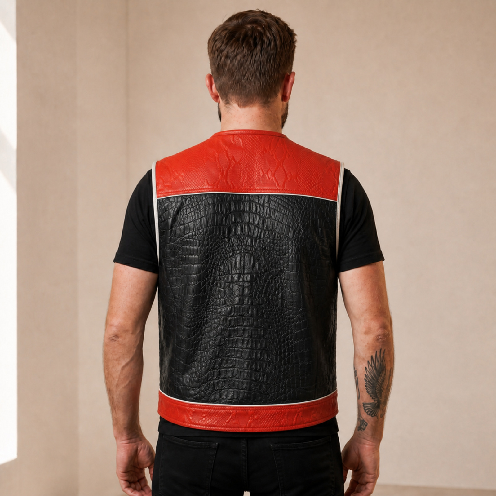 Men's Crocodile & Snake Embossed Leather Biker Vest – Red & Black Side-Lace Waistcoat image 2