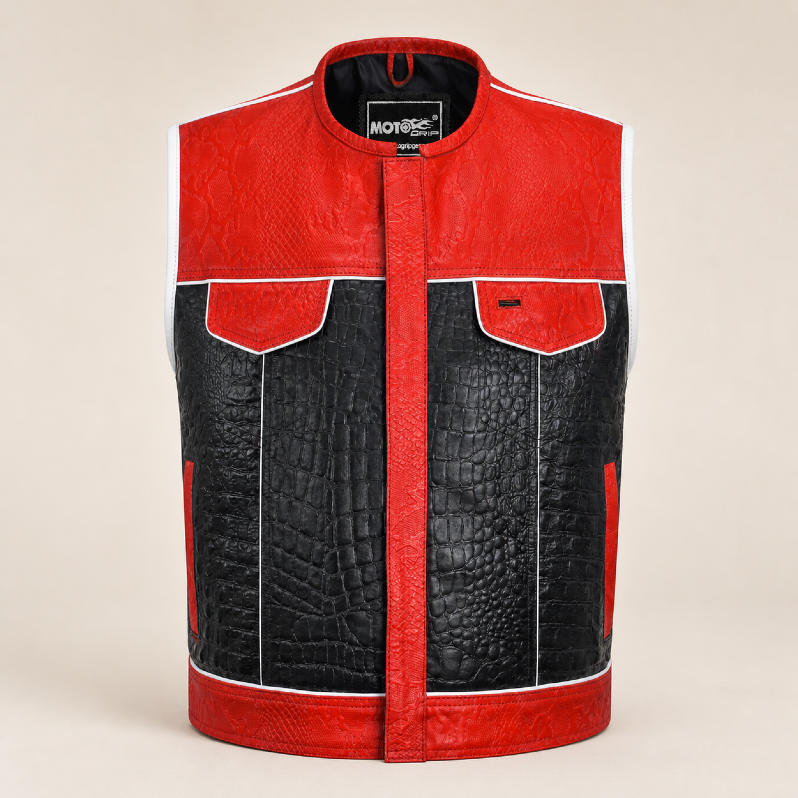 Men's Crocodile & Snake Embossed Leather Biker Vest – Red & Black Side-Lace Waistcoat image 3