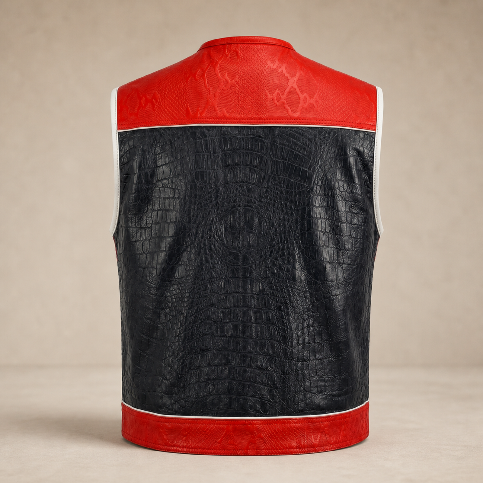 Men's Crocodile & Snake Embossed Leather Biker Vest – Red & Black Side-Lace Waistcoat image 4