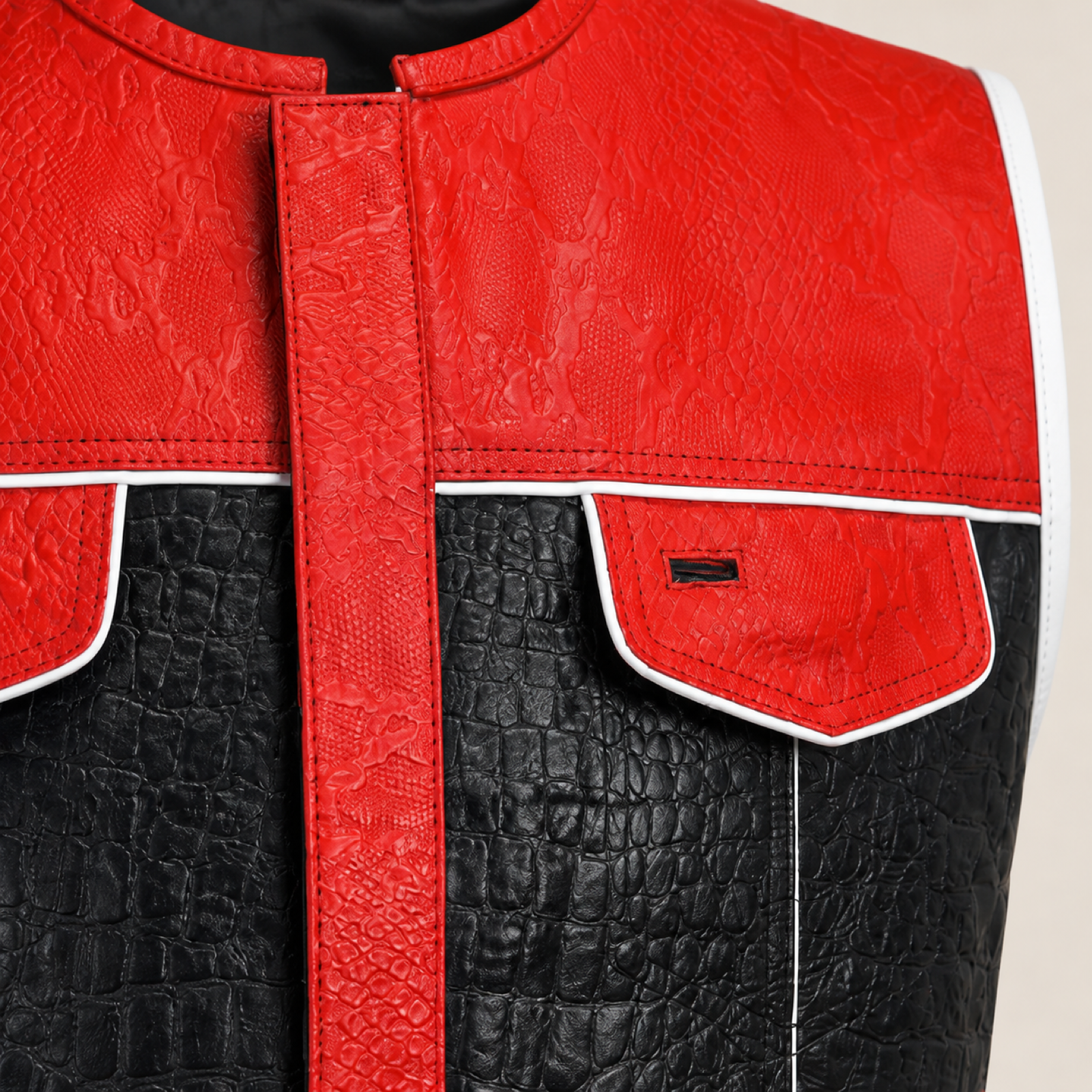 Men's Crocodile & Snake Embossed Leather Biker Vest – Red & Black Side-Lace Waistcoat image 5