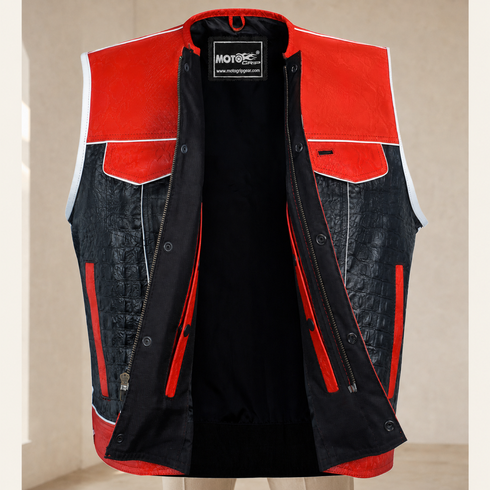 Men's Crocodile & Snake Embossed Leather Biker Vest – Red & Black Side-Lace Waistcoat image 6