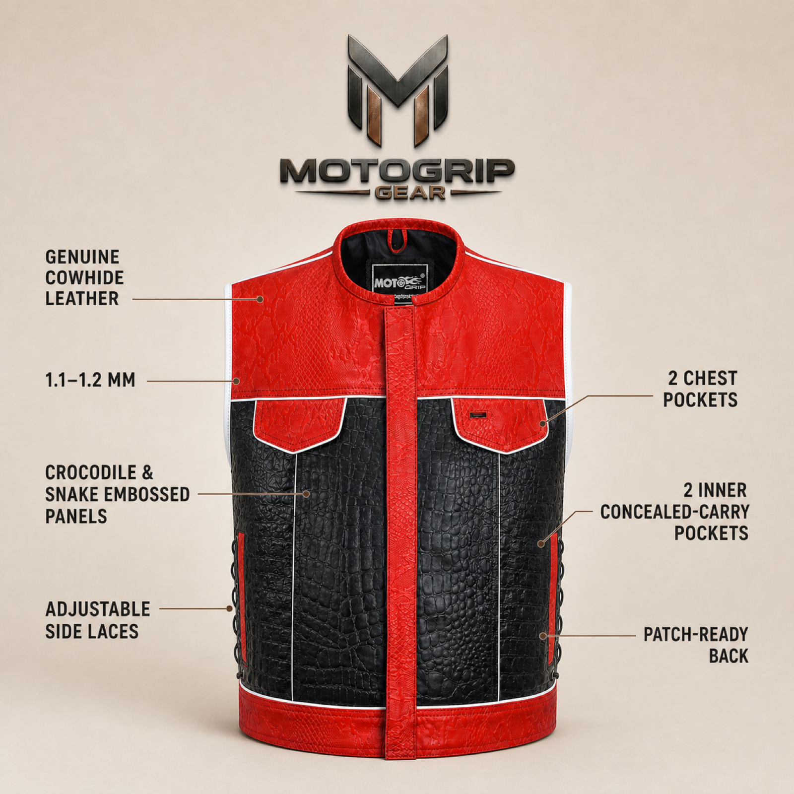 Men's Crocodile & Snake Embossed Leather Biker Vest – Red & Black Side-Lace Waistcoat image 7