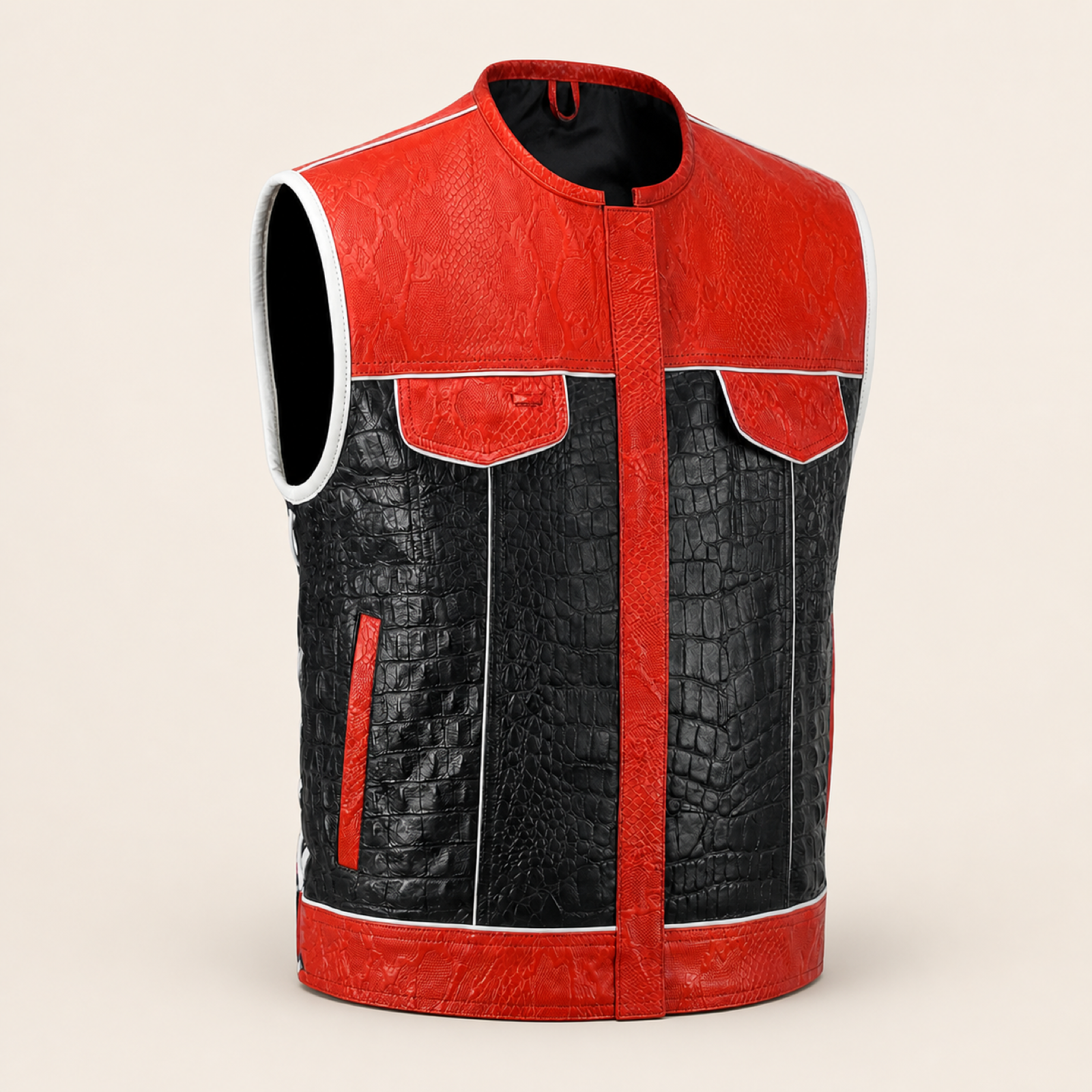 Men's Crocodile & Snake Embossed Leather Biker Vest – Red & Black Side-Lace Waistcoat image 8