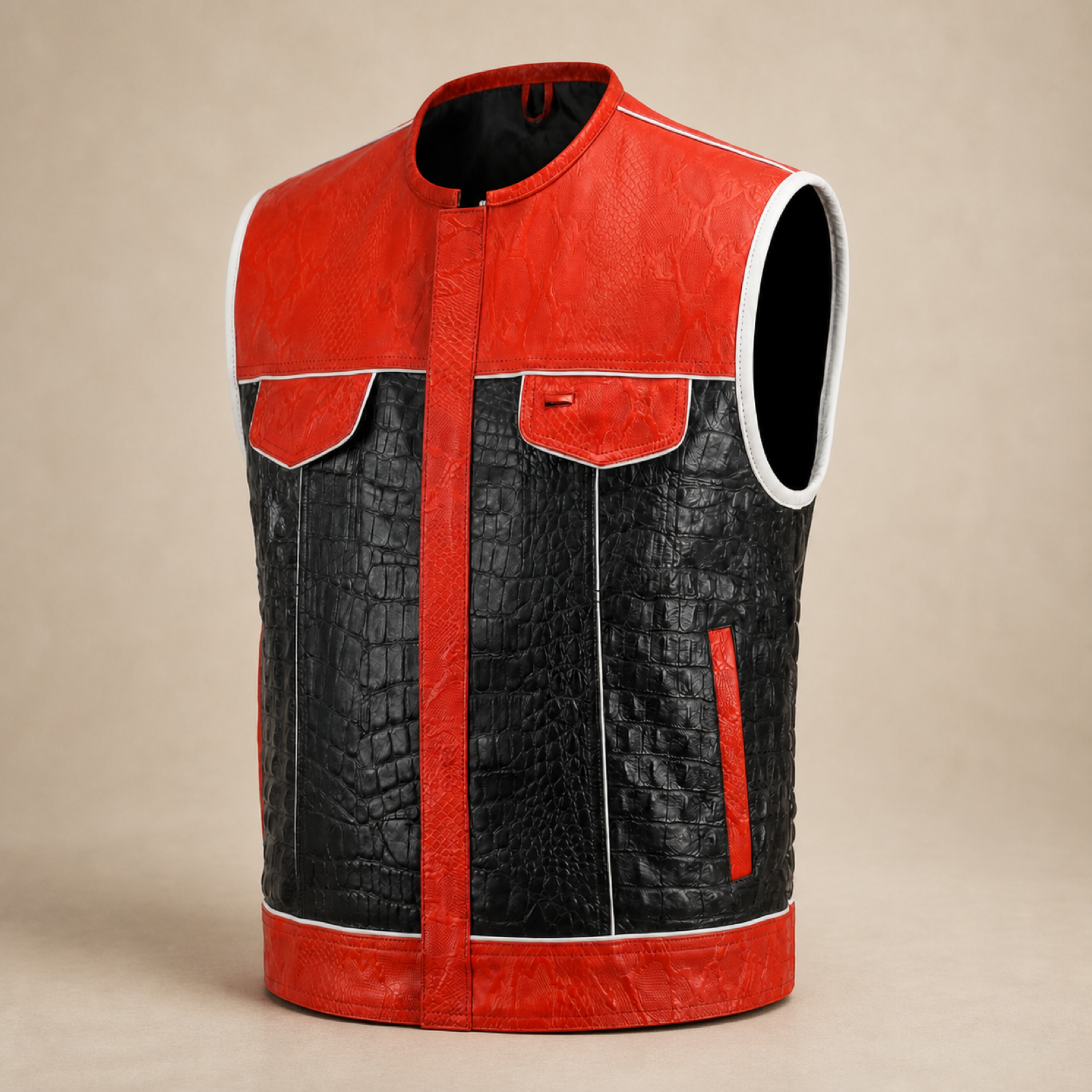 Men's Crocodile & Snake Embossed Leather Biker Vest – Red & Black Side-Lace Waistcoat image 9