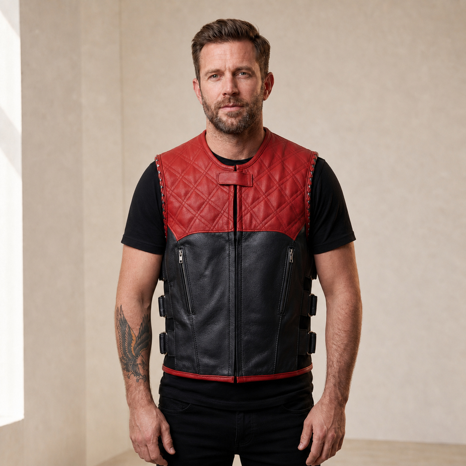 Man wearing a red and black cowhide SWAT-style motorcycle vest from the front.