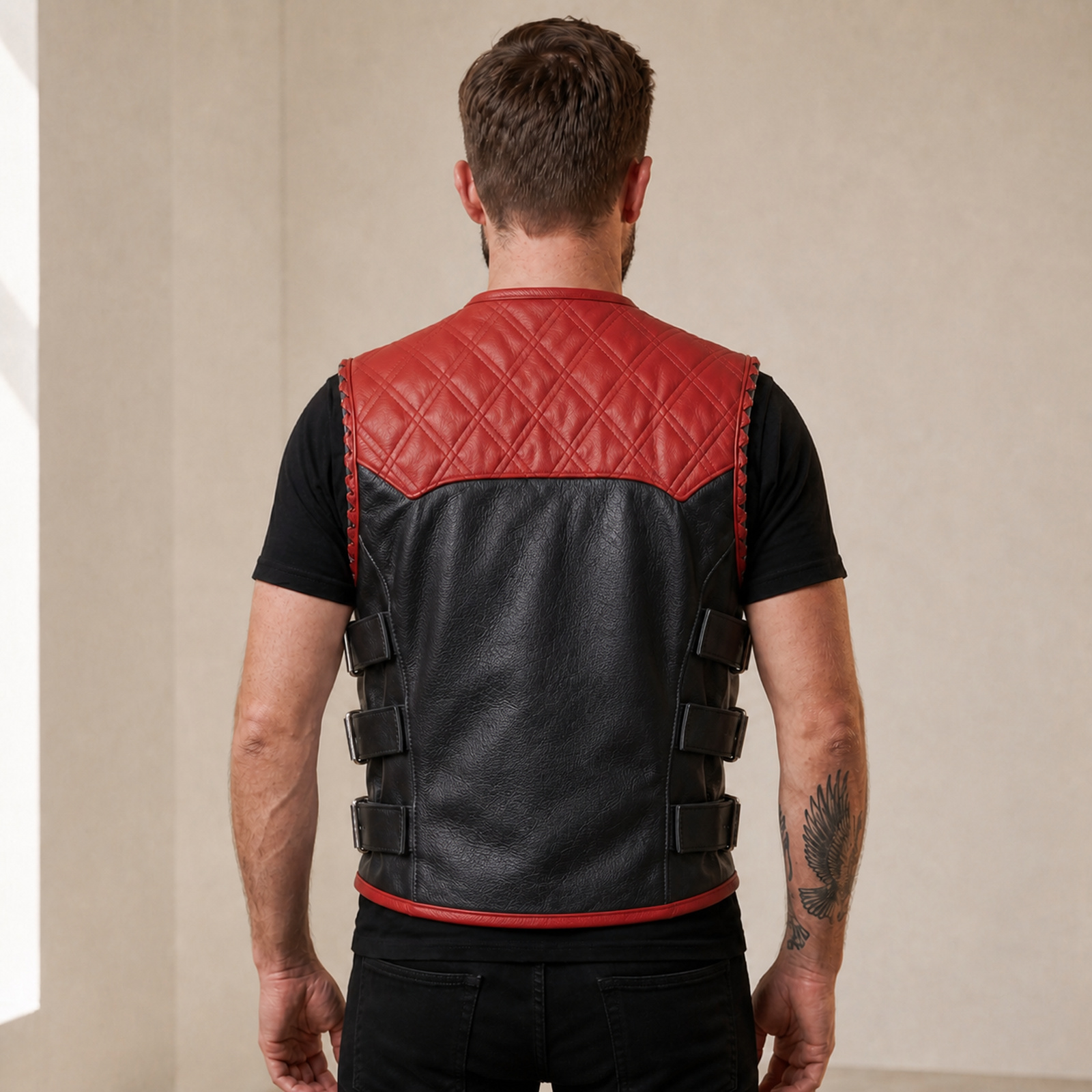 Men's Red & Black SWAT Cowhide Leather Motorcycle Vest image 2