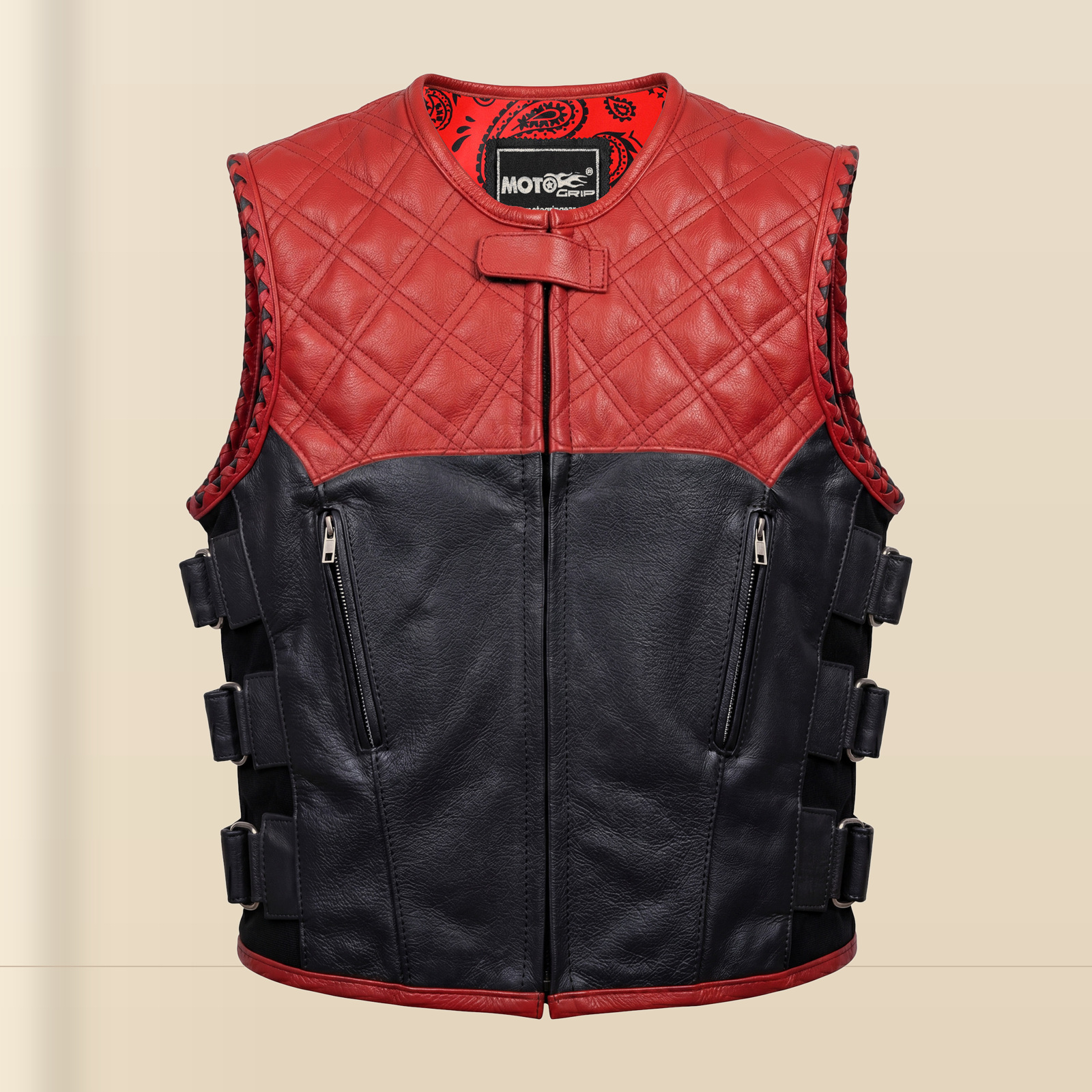 Men's Red & Black SWAT Cowhide Leather Motorcycle Vest image 3