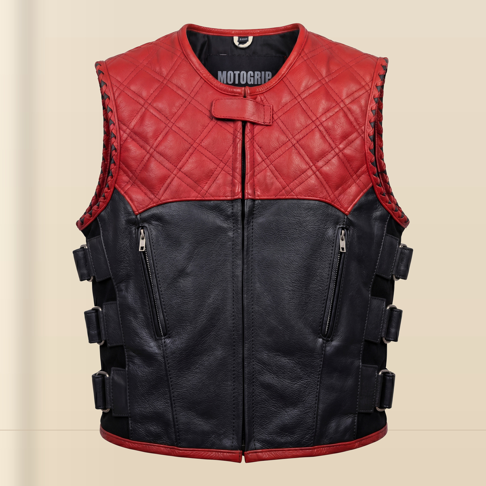 Men's Red & Black SWAT Cowhide Leather Motorcycle Vest image 5