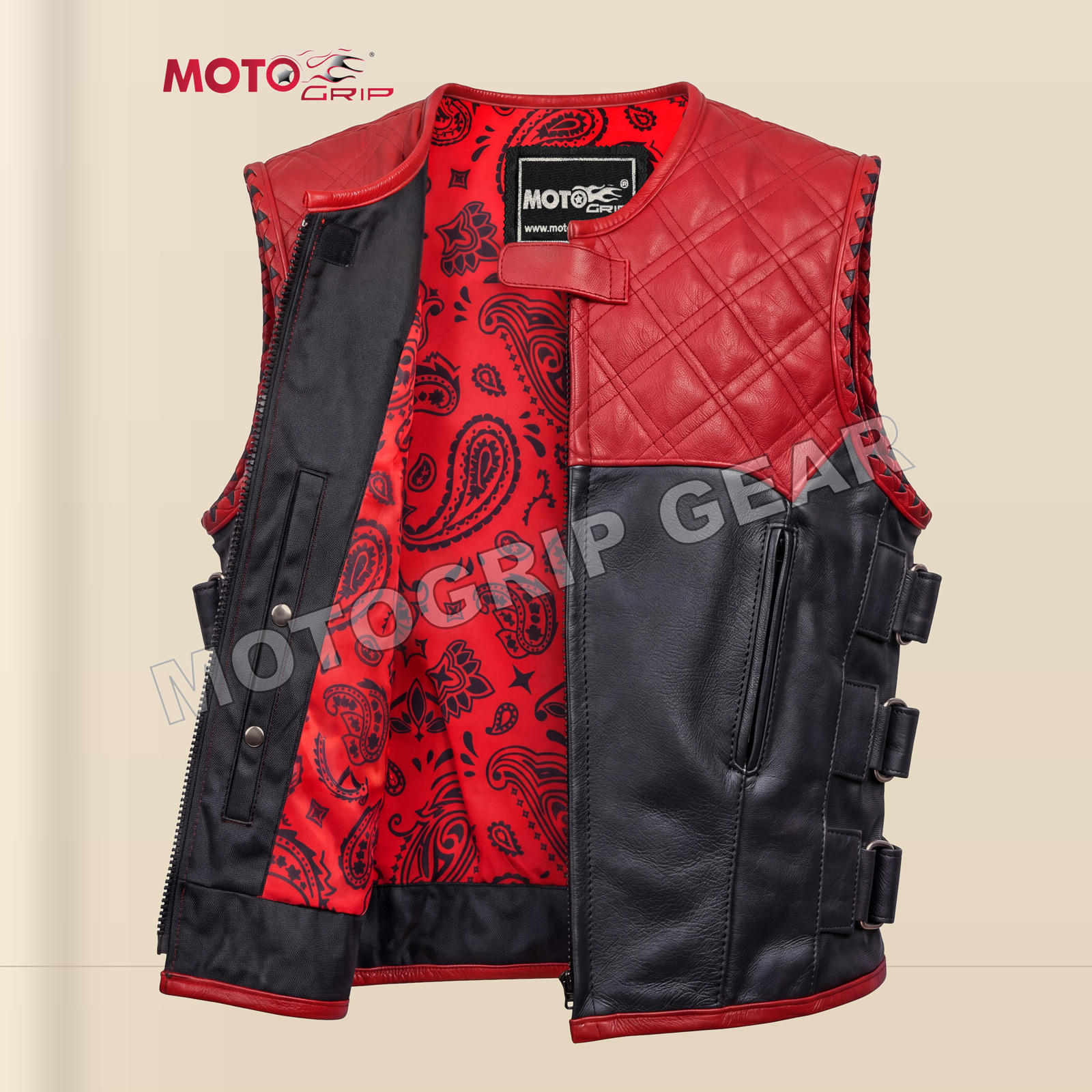 Men's Red & Black SWAT Cowhide Leather Motorcycle Vest image 6