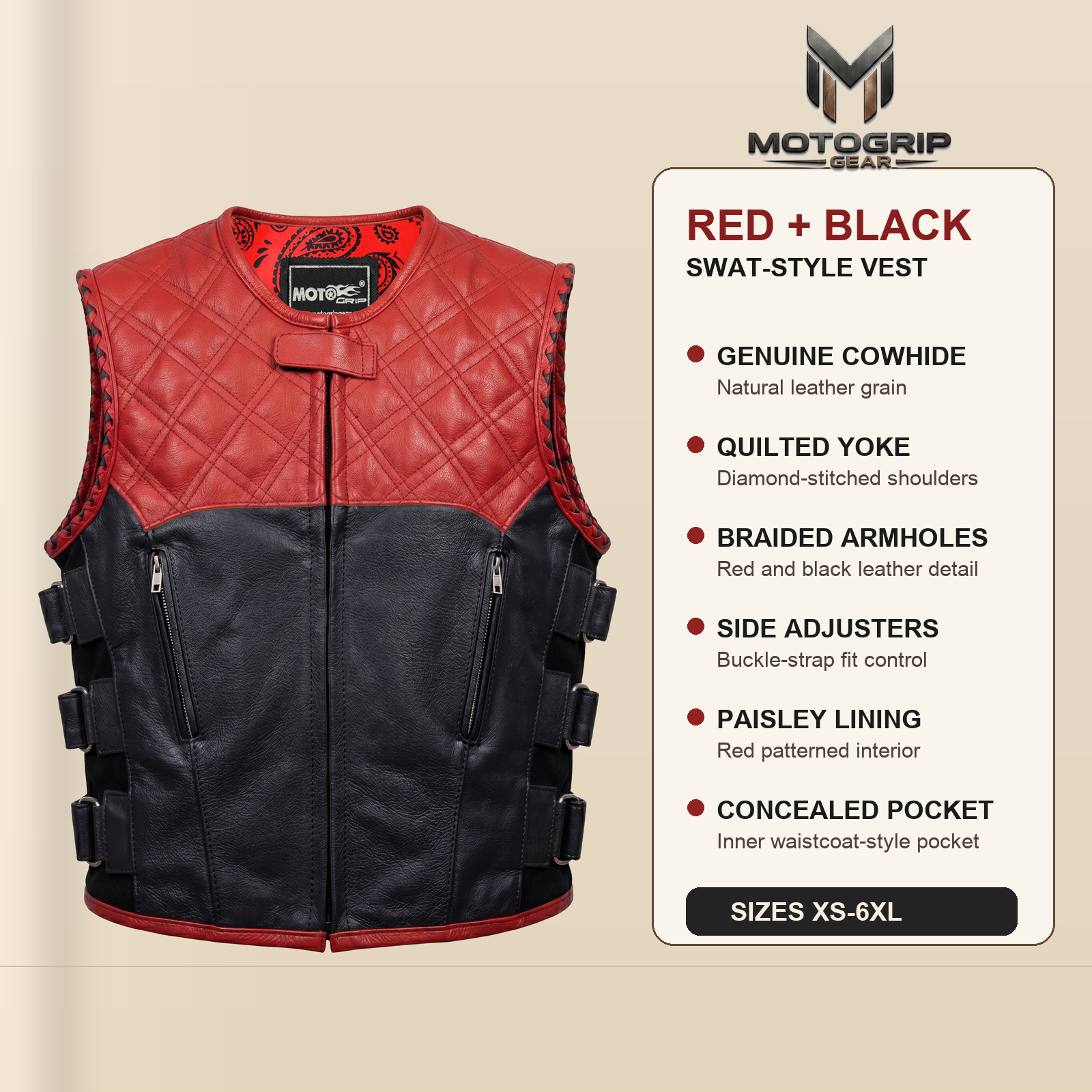 Men's Red & Black SWAT Cowhide Leather Motorcycle Vest image 7