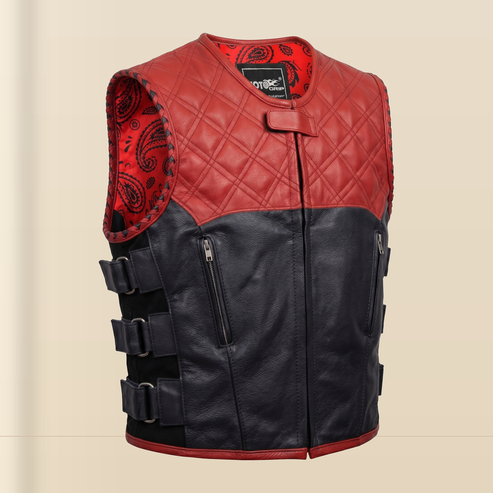 Men's Red & Black SWAT Cowhide Leather Motorcycle Vest image 8