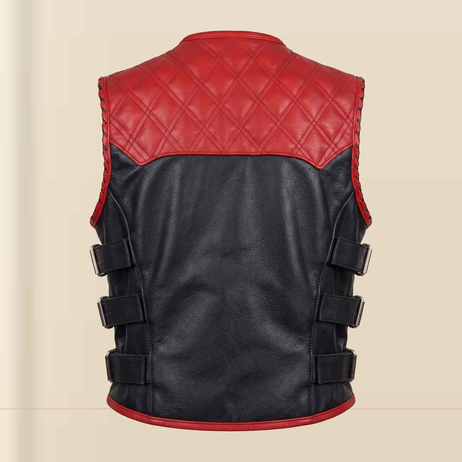 Men's Red & Black SWAT Cowhide Leather Motorcycle Vest image 9