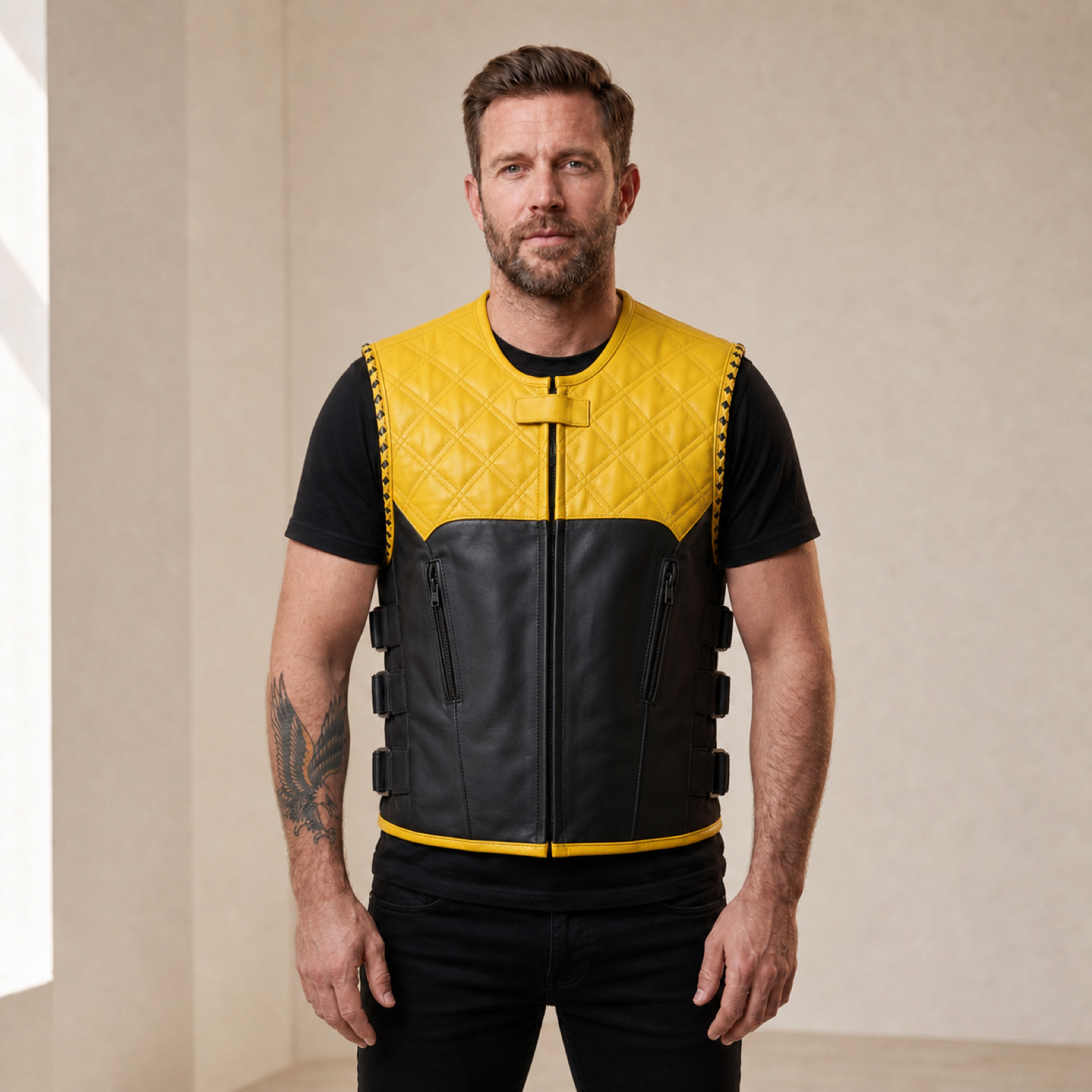 Man wearing a yellow and black SWAT-style cowhide leather motorcycle vest from the front.