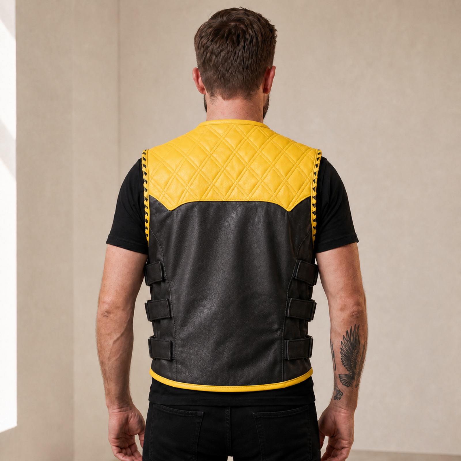 Men's Yellow & Black SWAT Cowhide Leather Motorcycle Vest image 2