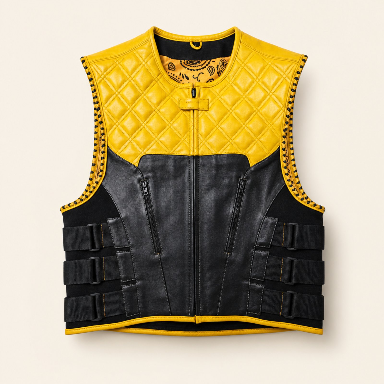 Men's Yellow & Black SWAT Cowhide Leather Motorcycle Vest image 3
