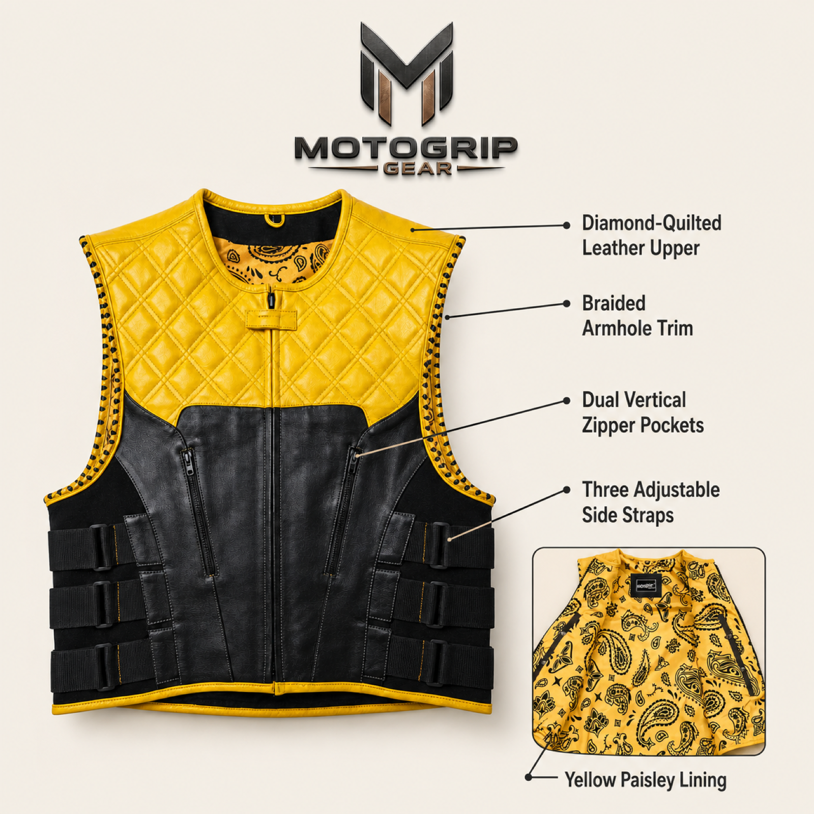 Men's Yellow & Black SWAT Cowhide Leather Motorcycle Vest image 7