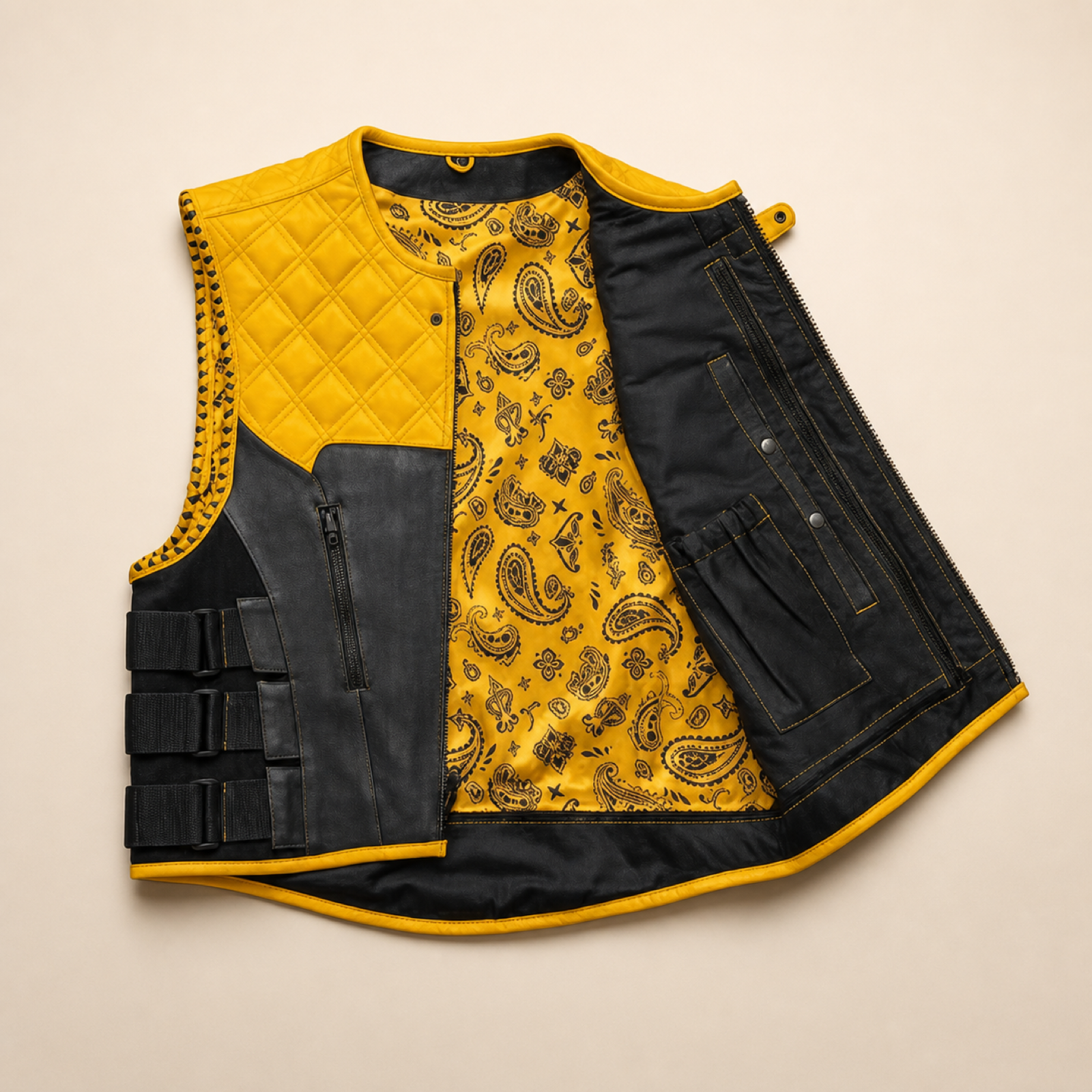 Men's Yellow & Black SWAT Cowhide Leather Motorcycle Vest image 8