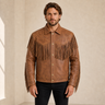 Men's Distressed Cowhide Western Fringe Jacket - brown fringe jacket close up view by MOTOGRIP GEAR