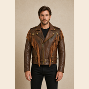 Man wearing a brown Western fringe sheepskin leather biker jacket from the front.