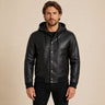 Men's Black Leather Varsity Jacket With Hood - close up view by MOTOGRIP GEAR