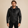 Men's Black and Charcoal-Grey Removable-Hood Lambskin Bomber Jacket - close up view by MOTOGRIP GEAR