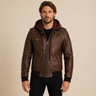 Men's Dark Brown Removable-Hood Lambskin Leather Bomber Jacket - close up view by MOTOGRIP GEAR