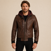 Man wearing a MOTOGRIP GEAR dark brown lambskin leather bomber jacket with a removable hood.