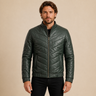 Men's Deep Green Chevron Quilted Sheepskin Leather Puffer Jacket - close up view by MOTOGRIP GEAR