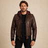 Men's Tall Dark Brown Lambskin Hooded Bomber Jacket - close up view by MOTOGRIP GEAR