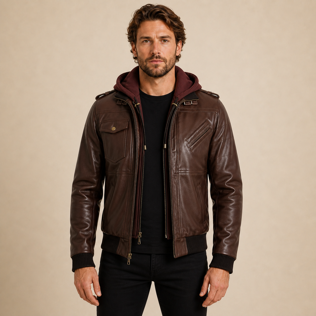 MOTOGRIP GEAR men's tall dark brown lambskin hooded bomber jacket model front view.