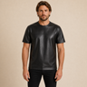 Men's Genuine Lambskin Leather Biker T-Shirt — Black - close up view by MOTOGRIP GEAR
