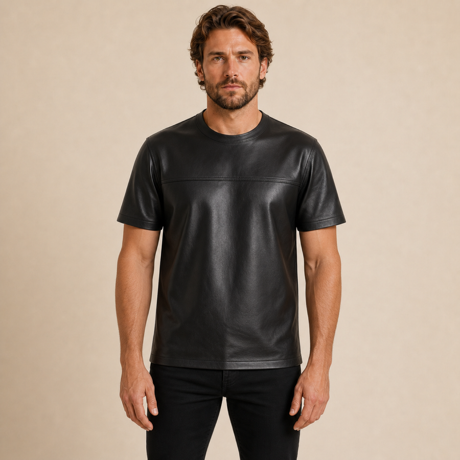 Front view of a man wearing a MOTOGRIP GEAR black lambskin leather crew-neck T-shirt.