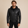Men's Black Quilted-Shoulder Removable-Hood Lambskin Bomber Jacket - close up view by MOTOGRIP GEAR