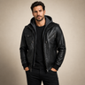 Men's Black Lambskin Leather Bomber Jacket With Removable Grey Hood - close up view by MOTOGRIP GEAR