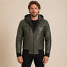 Men's Olive Green Real Leather Jacket With Removable Hood - close up view by MOTOGRIP GEAR