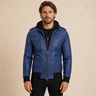 Men's Blue Removable-Hood Lambskin Leather Bomber Jacket - close up view by MOTOGRIP GEAR