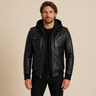 Men's Black Removable-Hood Lambskin Leather Jacket - close up view by MOTOGRIP GEAR