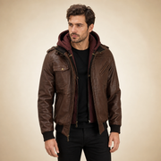 MOTOGRIP GEAR men's dark brown lambskin bomber with removable burgundy hood model front view.