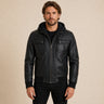 Men's Black Real Leather Bomber Jacket With Detachable Hood - close up view by MOTOGRIP GEAR